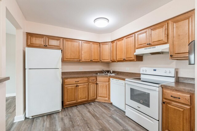 kitchen featuring white appliances, sink, and light hardwood / wood-style flooring