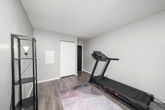 workout room with dark hardwood / wood-style floors