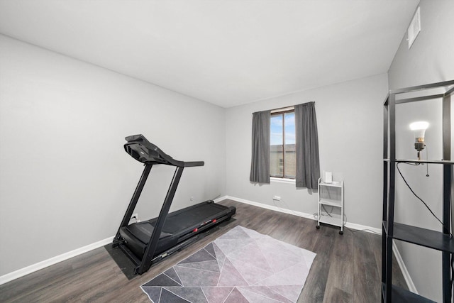 workout room featuring dark hardwood / wood-style flooring