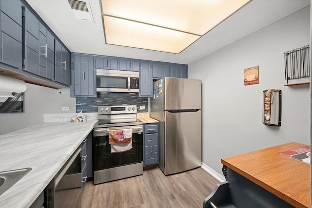 kitchen with blue cabinets, sink, light hardwood / wood-style flooring, stainless steel appliances, and backsplash