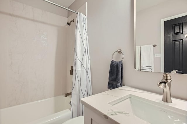 full bathroom with toilet, shower / tub combo, and vanity