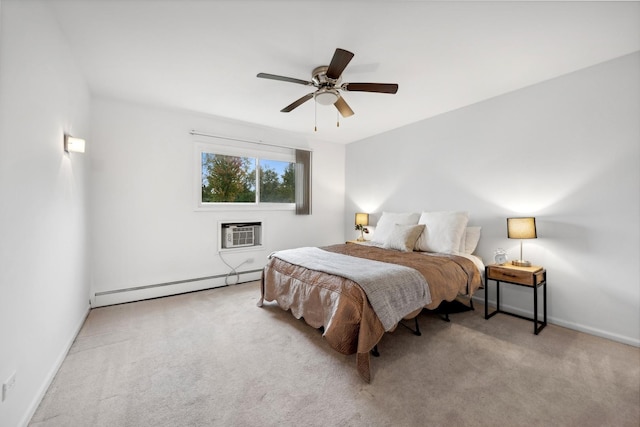 bedroom featuring ceiling fan, light colored carpet, a wall mounted AC, and baseboard heating