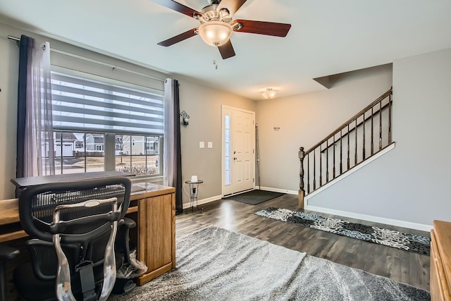 entryway featuring dark hardwood / wood-style floors and ceiling fan