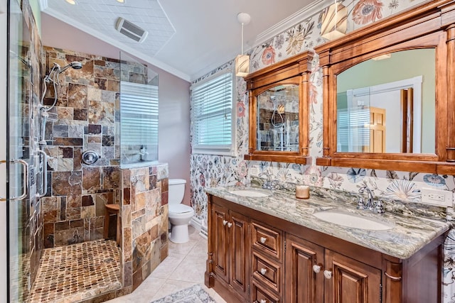 bathroom with lofted ceiling, toilet, an enclosed shower, crown molding, and vanity