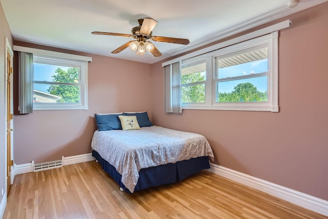 bedroom featuring ceiling fan and light hardwood / wood-style flooring