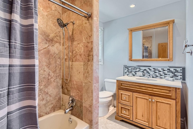 full bathroom with vanity, decorative backsplash, shower / bath combination with curtain, and toilet