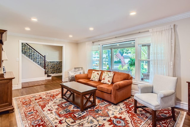 living room featuring crown molding and hardwood / wood-style floors