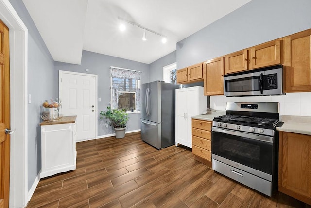 kitchen featuring dark wood-style flooring, light countertops, baseboards, and appliances with stainless steel finishes