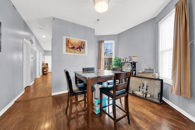 dining room featuring visible vents, wood-type flooring, and baseboards