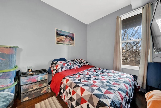 bedroom featuring wood finished floors and vaulted ceiling