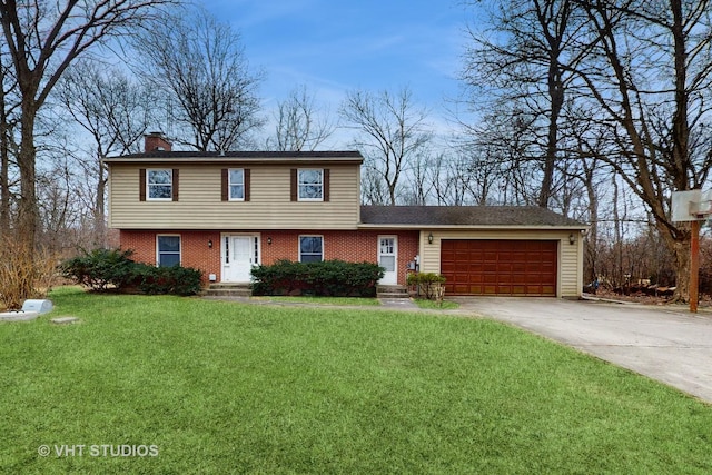 colonial home with an attached garage, a chimney, a front lawn, and brick siding