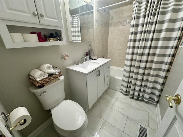 full bathroom featuring shower / bath combo, vanity, and toilet