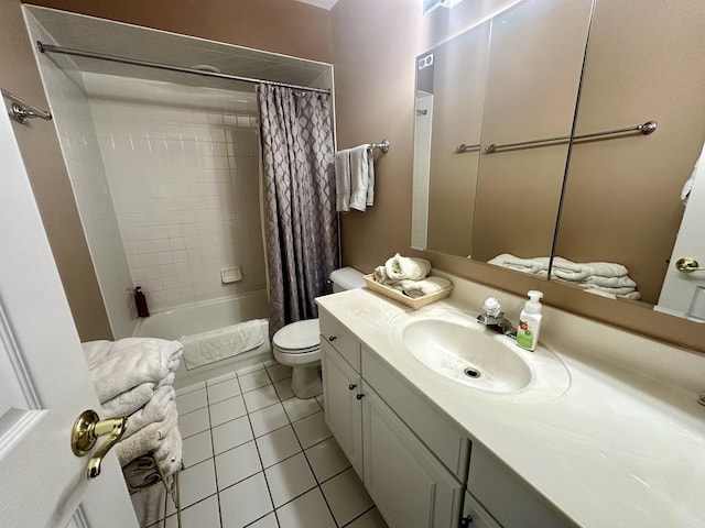 full bathroom featuring shower / bath combination with curtain, vanity, toilet, and tile patterned flooring