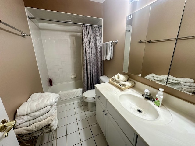 full bathroom featuring toilet, tile patterned floors, shower / bathtub combination with curtain, and vanity