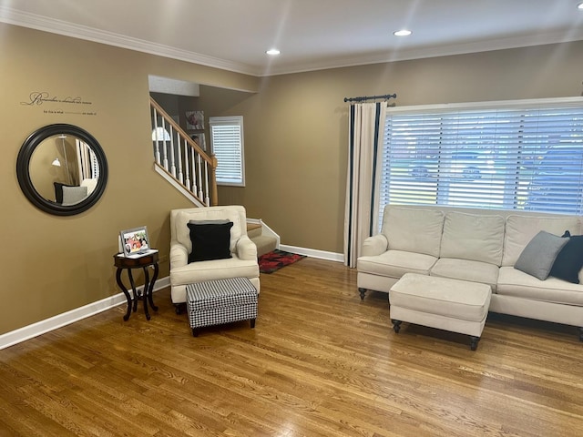 living room with wood-type flooring and crown molding