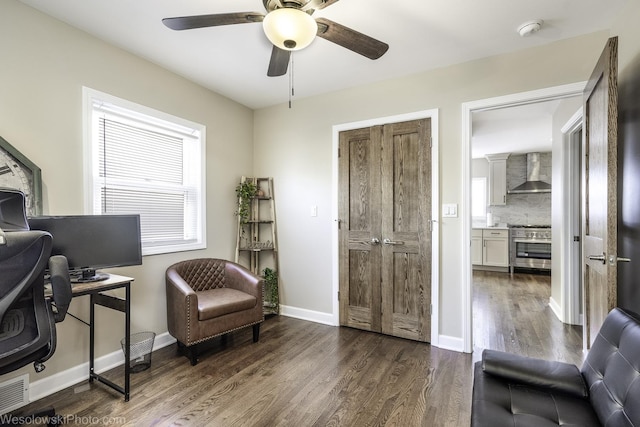 home office with plenty of natural light, dark hardwood / wood-style floors, and ceiling fan