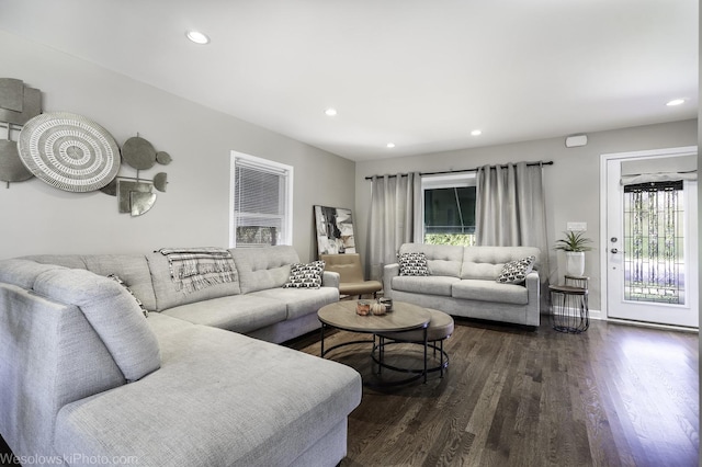 living room featuring plenty of natural light and dark hardwood / wood-style floors