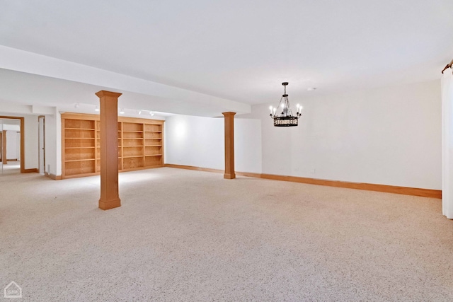 basement with light carpet and a notable chandelier