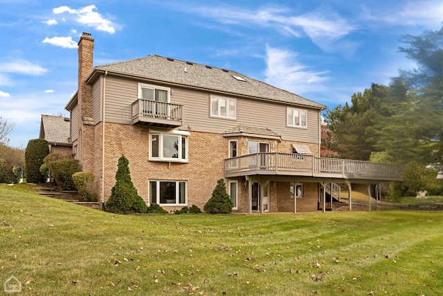 back of property featuring a lawn and a deck