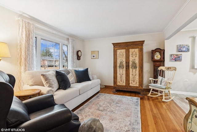 living room with crown molding and light wood-type flooring