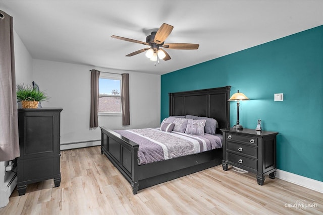 bedroom with a baseboard radiator, light hardwood / wood-style floors, and ceiling fan