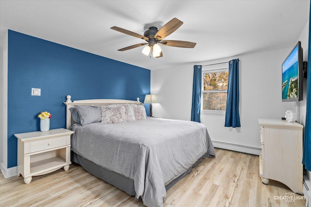 bedroom with light wood-type flooring, ceiling fan, and baseboard heating