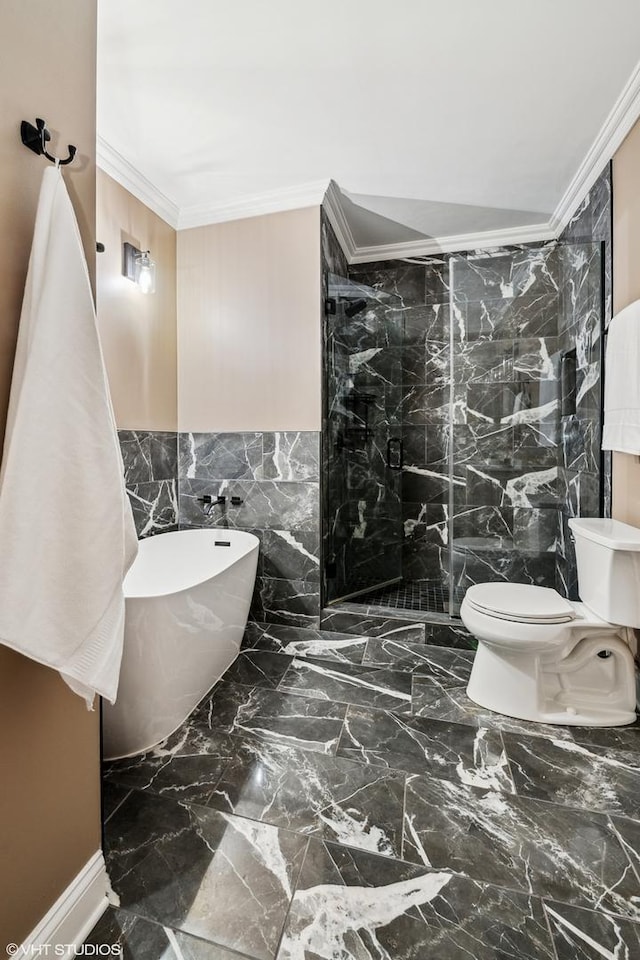 bathroom featuring tile walls, crown molding, shower with separate bathtub, and toilet