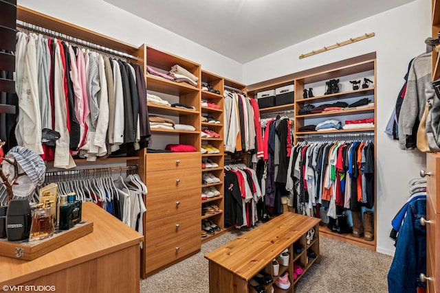 spacious closet featuring light colored carpet