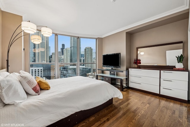 bedroom with crown molding, floor to ceiling windows, and dark hardwood / wood-style floors