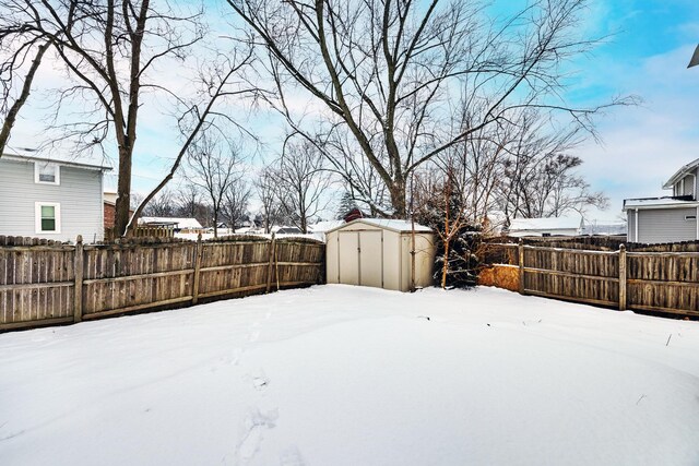 yard covered in snow featuring a storage unit