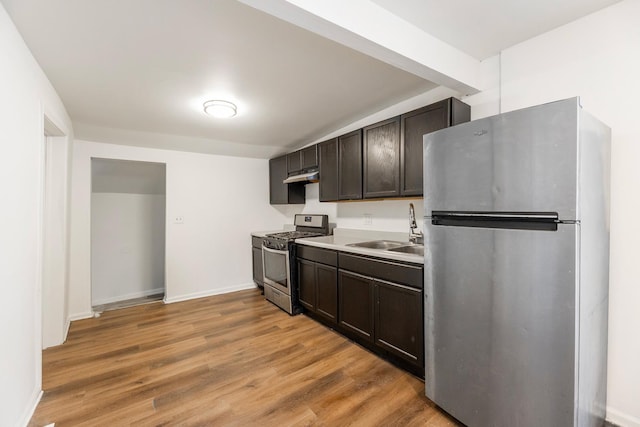 kitchen with sink, dark brown cabinets, light hardwood / wood-style floors, and appliances with stainless steel finishes