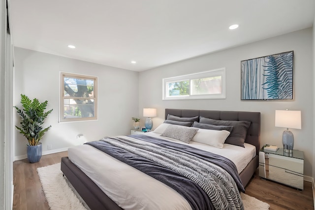 bedroom featuring multiple windows and dark hardwood / wood-style flooring