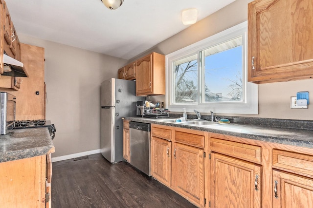 kitchen featuring dark wood-type flooring, stainless steel appliances, and sink