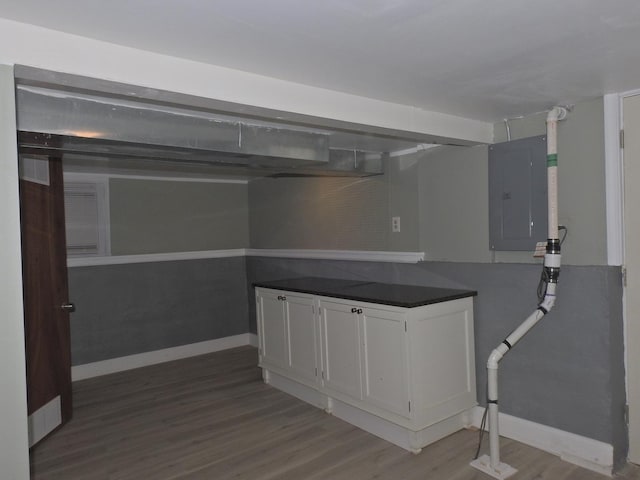 basement with hardwood / wood-style floors and electric panel