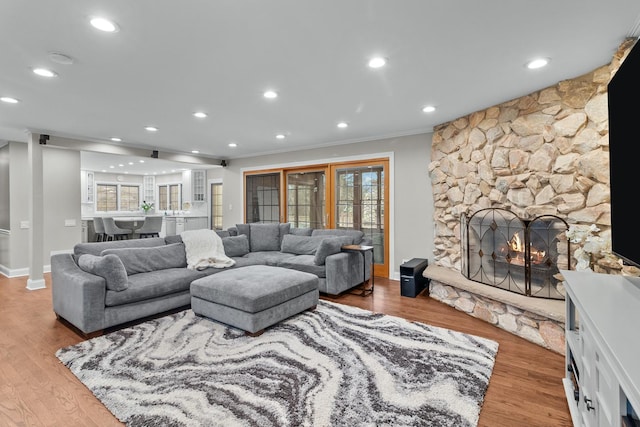 living room with crown molding, a stone fireplace, and light wood-type flooring