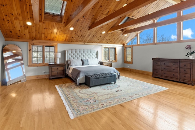 bedroom featuring wood ceiling, high vaulted ceiling, beam ceiling, and light hardwood / wood-style floors