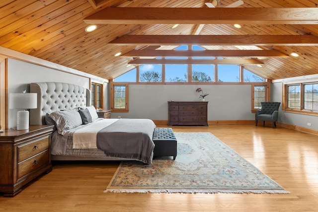 bedroom featuring beamed ceiling, high vaulted ceiling, light hardwood / wood-style floors, and wooden ceiling