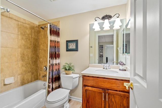 full bathroom featuring shower / tub combo with curtain, vanity, and toilet