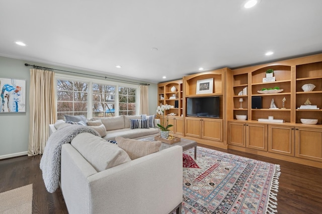 living room featuring dark wood-type flooring