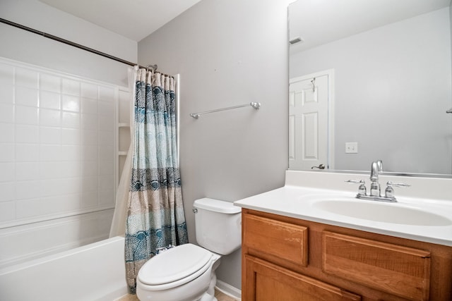 full bathroom with toilet, vanity, and shower / bathtub combination with curtain