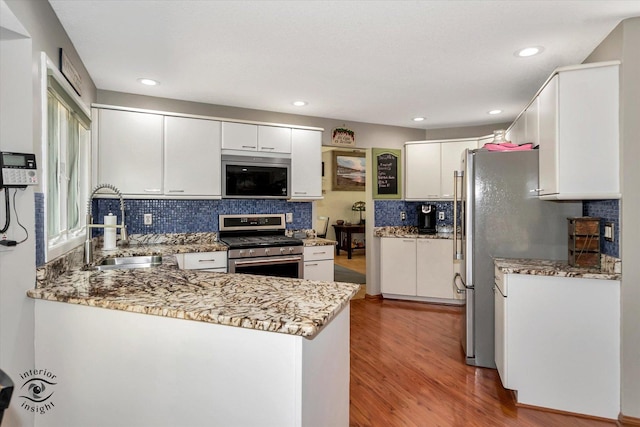 kitchen featuring appliances with stainless steel finishes, light stone counters, wood finished floors, a peninsula, and a sink