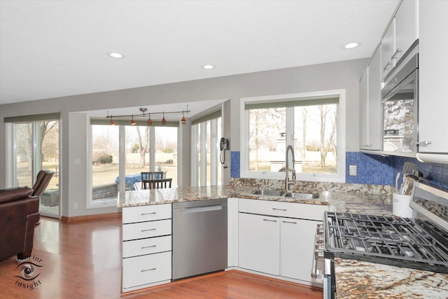 kitchen with a peninsula, a wealth of natural light, stainless steel appliances, and a sink