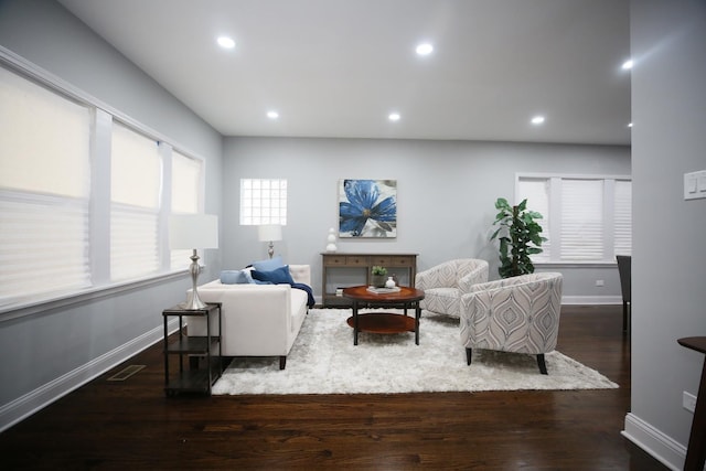 living room with dark hardwood / wood-style flooring