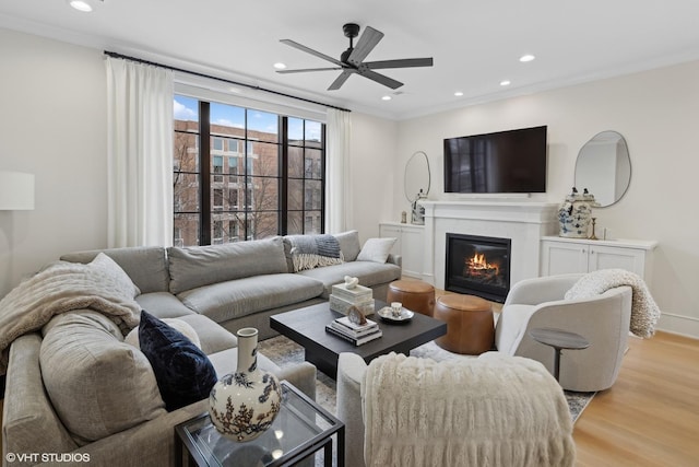 living room featuring ornamental molding, ceiling fan, and light hardwood / wood-style flooring