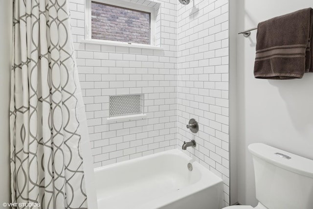 bathroom with toilet and shower / bathtub combination with curtain