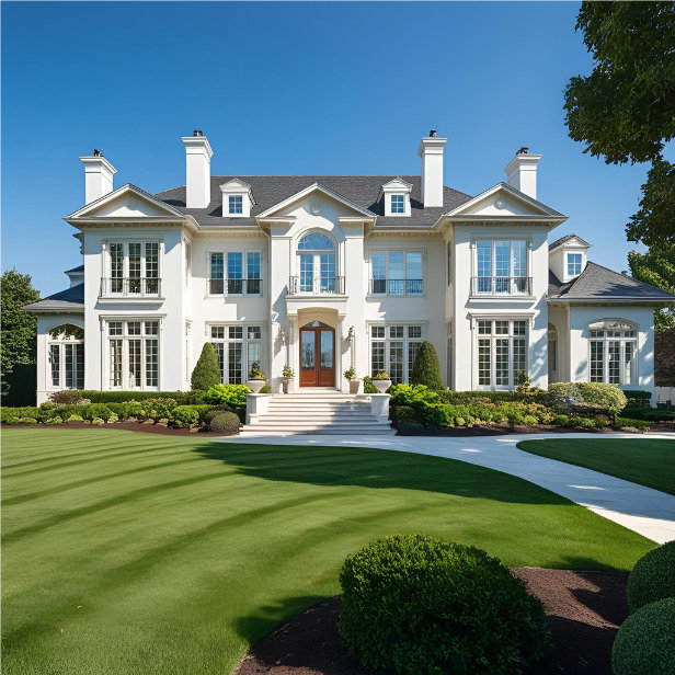 back of property with a yard, a chimney, and french doors