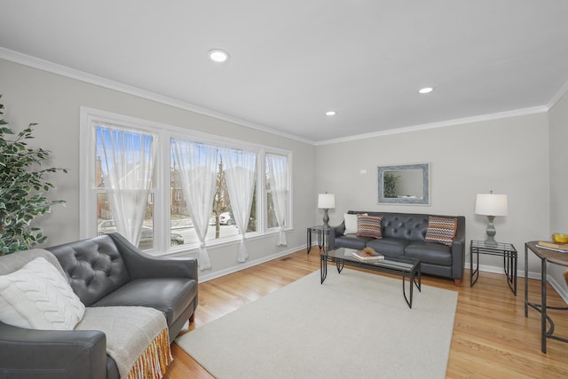 living room with ornamental molding and light hardwood / wood-style flooring