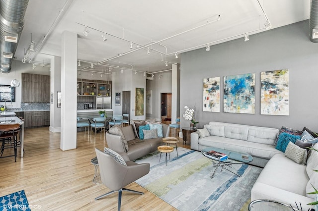 living room with rail lighting and light wood-type flooring