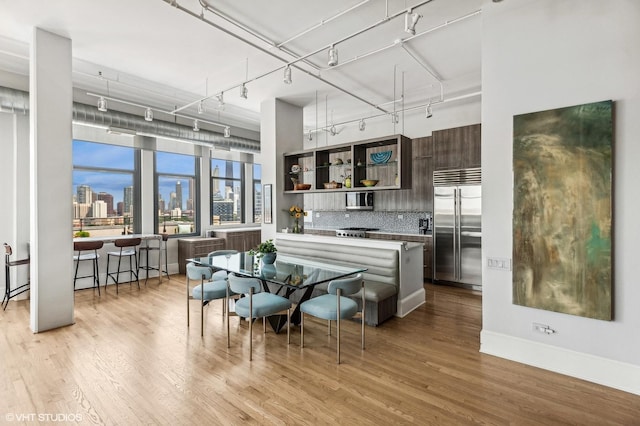 kitchen with dark brown cabinetry, backsplash, light hardwood / wood-style flooring, and appliances with stainless steel finishes