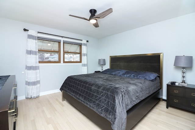 bedroom featuring ceiling fan and light wood-type flooring